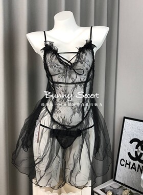 纯欲风透视网纱性感惹火免脱仙女裙黑色蕾丝吊带