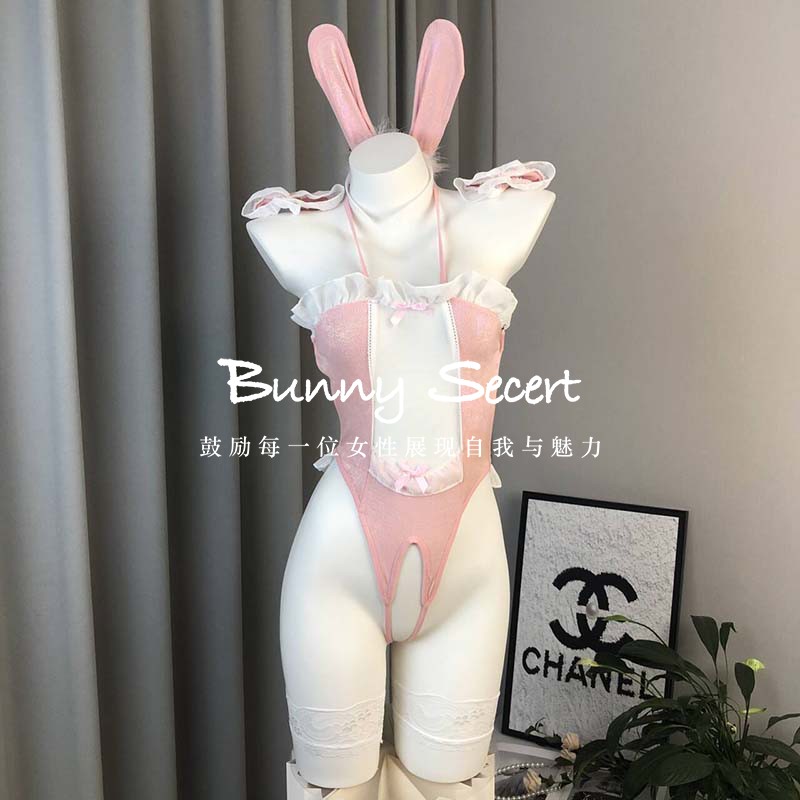 甜欲兔女郎cos制服纯欲粉色蕾丝花边吊带连体睡衣开档性感辣妹装