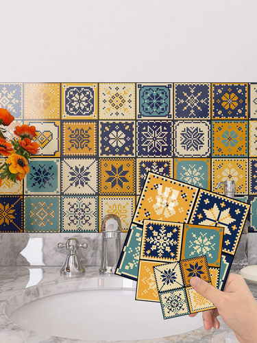 一套10片高亮水晶复古花砖纹卫生间防水自粘贴纸厨房防油墙壁纸