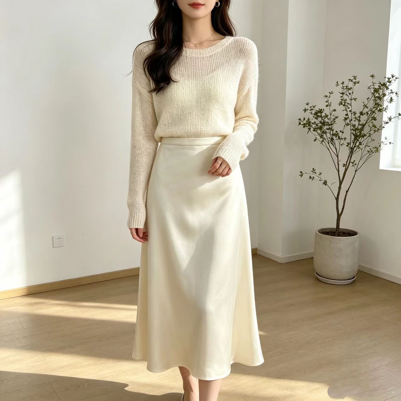 曼妙显身材 法柜含醋酯纤维垂坠感缎面高腰纯色A字半身裙女