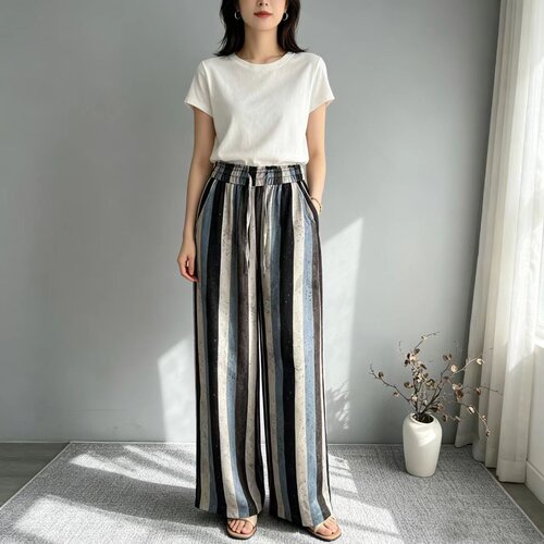 复古撞色条纹阔腿长裤女通勤