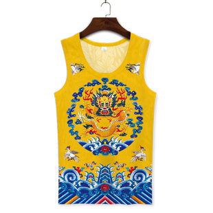 夏季龙图案大码背心男宽松国潮龙袍加肥无袖T恤冰丝二道坎肩健身