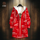 马年红色风衣男士 大衣 本命年加厚连帽外套oversize中长款 冬季 新款