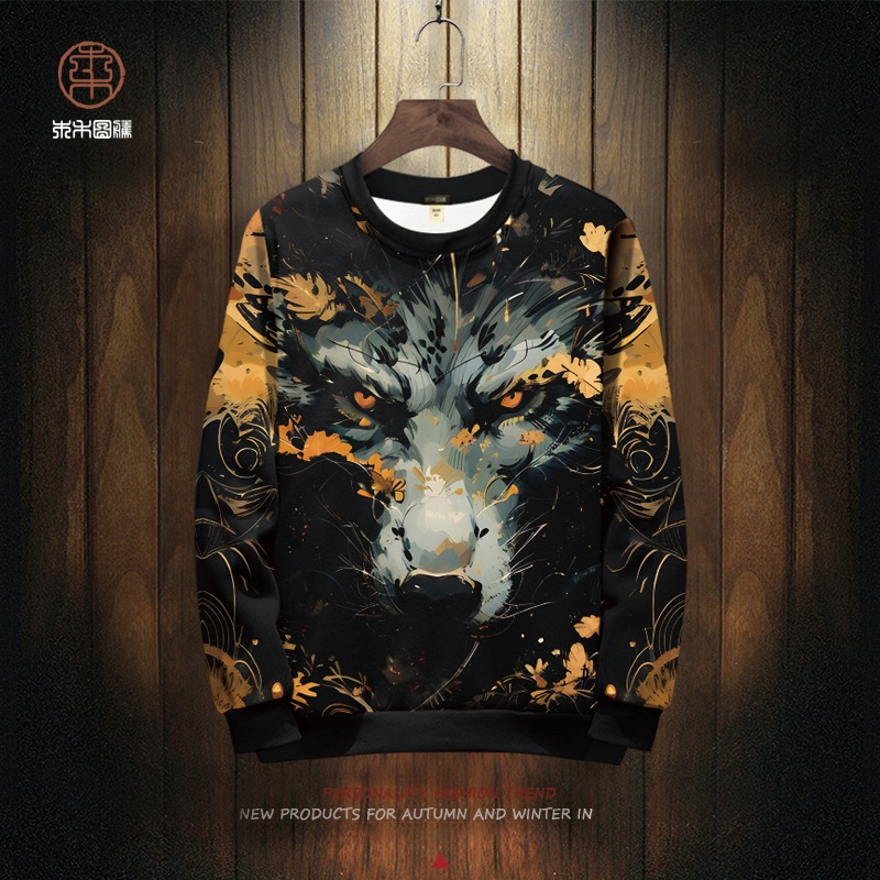 3d狼头印花动物图案圆领卫衣男长袖T恤宽松大码上衣薄款外套大码