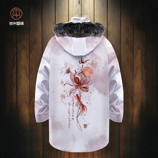 大毛领外套大码 新款 加肥面包服加厚保暖棉服 冬季 花图案羽绒服男士