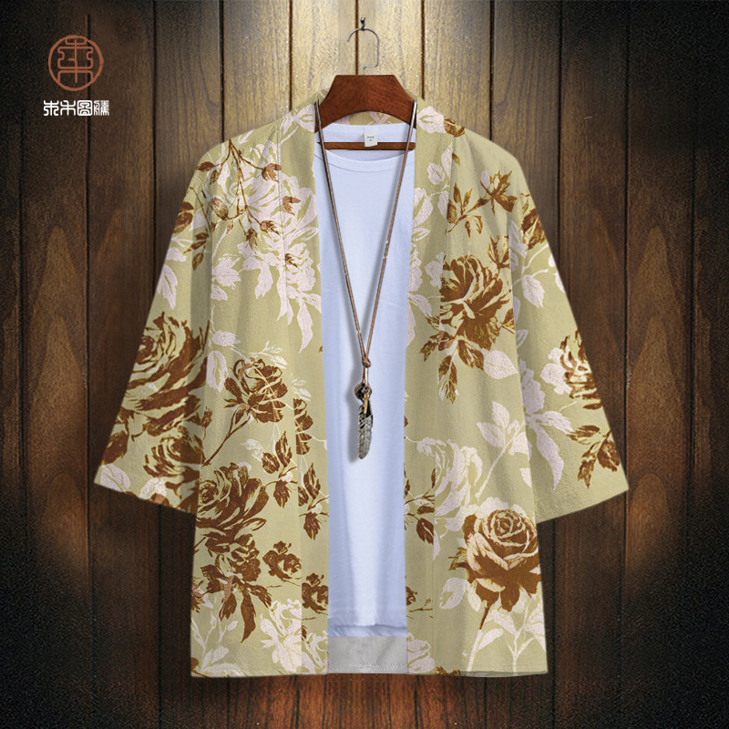 ins潮牌道袍外套男士花图案夏季薄款五分袖衬衫oversize汉服披风