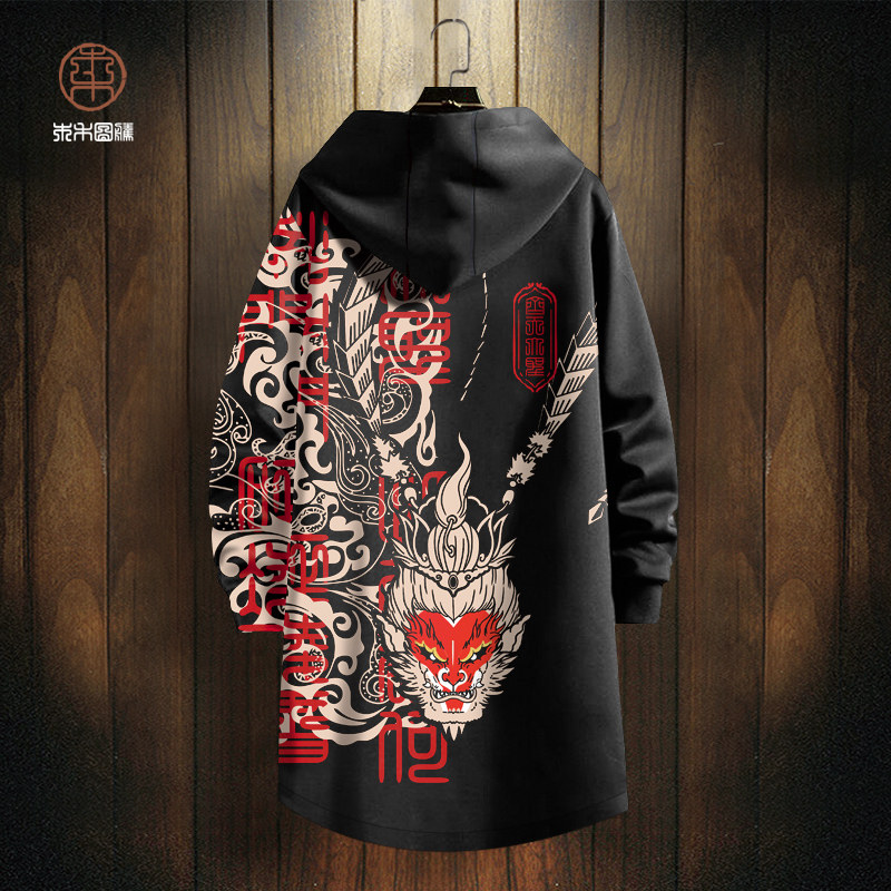 ins国潮齐天大圣孙悟空印花风衣外套男秋冬新款加厚连帽大衣开衫