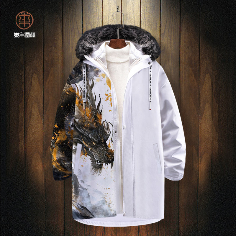 龙印花羽绒服男秋冬新款大码保暖加厚棉服ins国潮中长款连帽外套