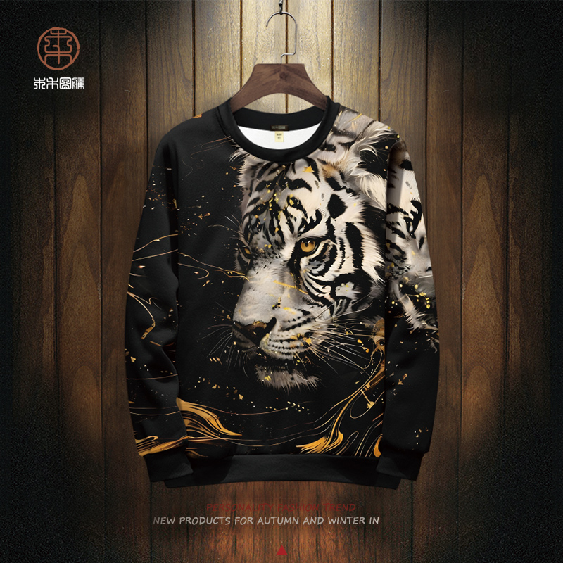 圆领卫衣外套男士中国风潮流老虎头印花长袖T恤秋冬季加绒上衣服