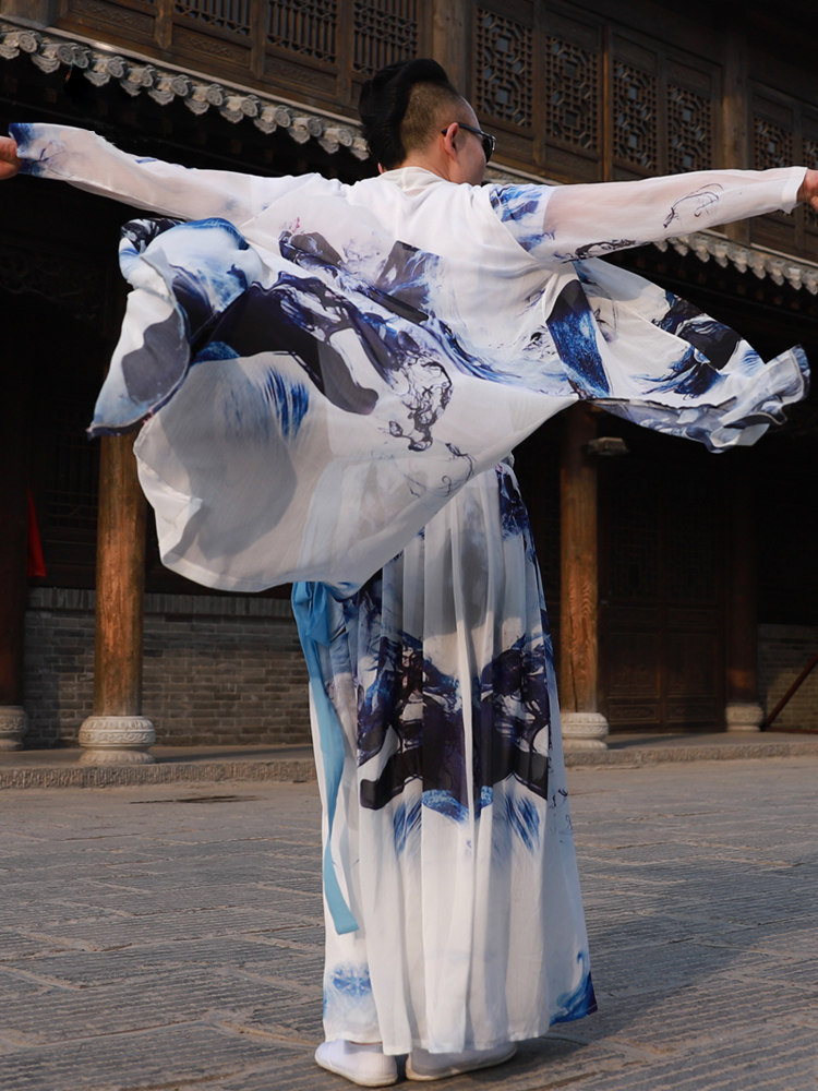 中国风国潮道袍男款长袍夏季薄山水印花款雪纺长衫汉元素襦裙披风