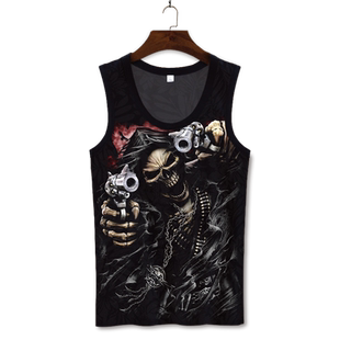 男士无袖T恤夏季冰丝速干跨栏背心欧美风骷髅头印花大码二道坎肩
