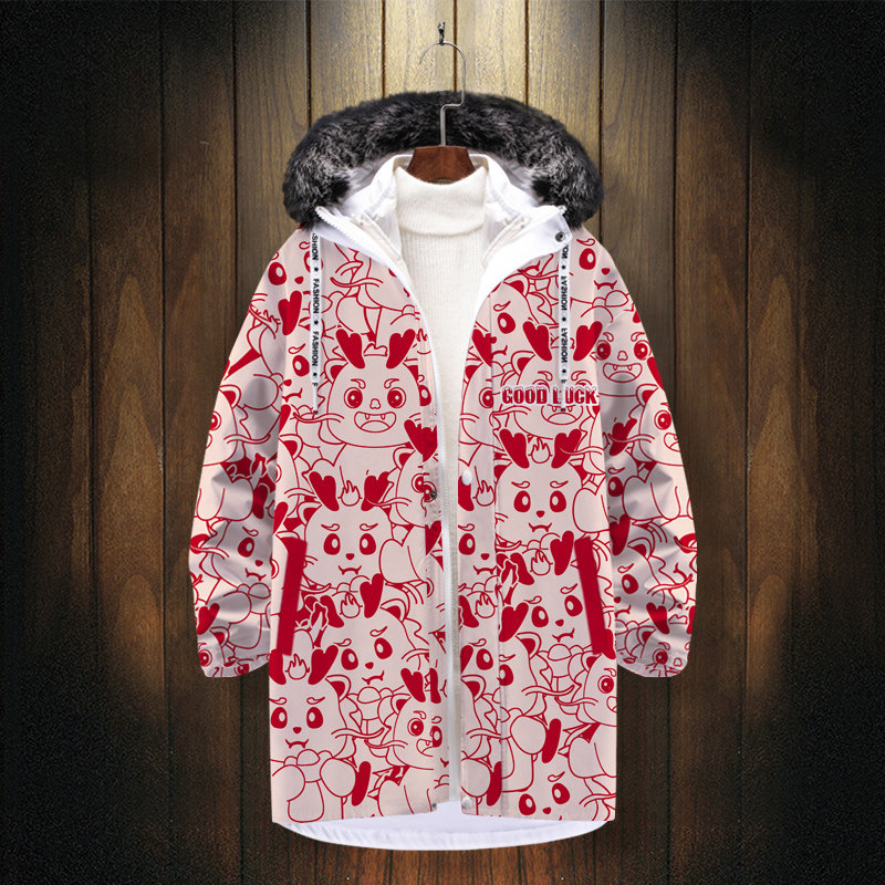 冬季新款龙年羽绒服男中长款本命年保暖棉服宽松加厚大码连帽外套