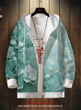 3D花卫衣外套男oversize加绒加厚秋冬季新款连帽开衫ins潮牌上衣