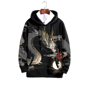 国潮中国风卫衣男士秋冬季新款连帽衫外套龙图案衣服古风加绒上衣