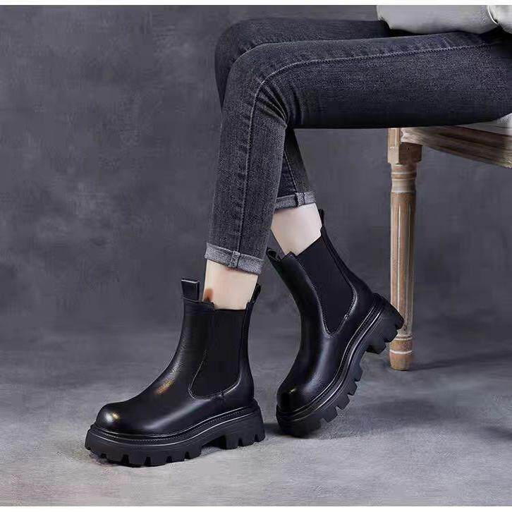 切尔西靴女2025新款加绒靴头层牛皮小个子松糕厚底烟筒靴真皮短靴