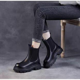 切尔西靴女2025新款加绒靴头层牛皮小个子松糕厚底烟筒靴真皮短靴