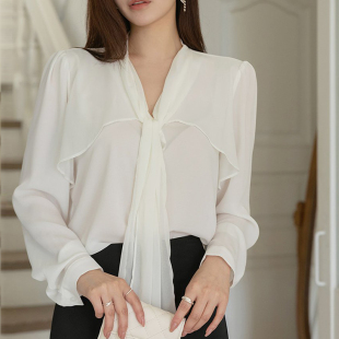 荷叶边长袖 2024秋季 女高级感气质宽松法式 设计感衬衫 雪纺上衣 新款