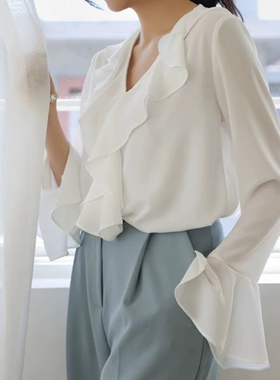 衬衫女2023新款设计感小众法式荷叶边雪纺衫洋气减龄韩系漂亮上衣