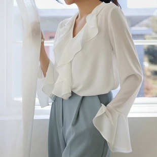 衬衫女2023新款设计感小众法式荷叶边雪纺衫洋气减龄韩系漂亮上衣