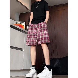 美式复古撞色格子短裤男夏外穿oversize痞帅裤子宽松休闲四五分裤