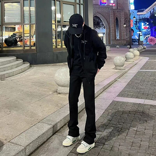 美式vibe裤子男士高街黑色复古牛仔裤男款修身直筒显瘦微喇叭裤男