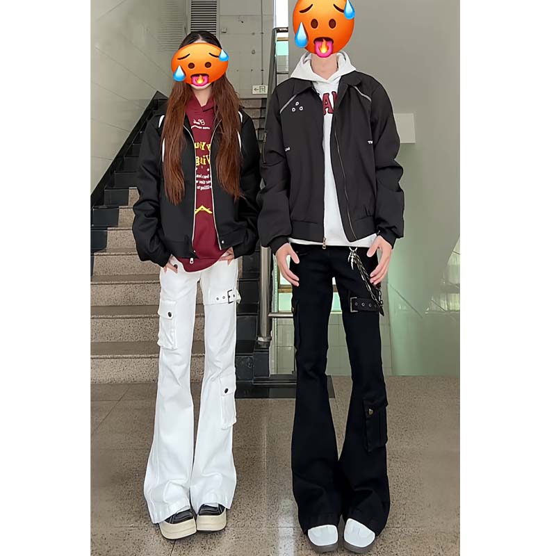 夏季白色vibe绑带工装牛仔裤男女美式高街弯刀裤子显瘦直筒微喇裤