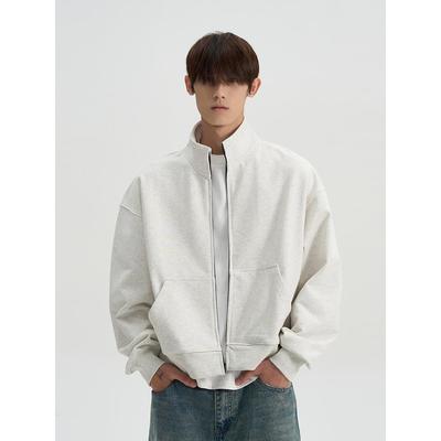 美式高街cleanfit廓形纯色拉链开衫立领卫衣男女生潮boxy短宽外套