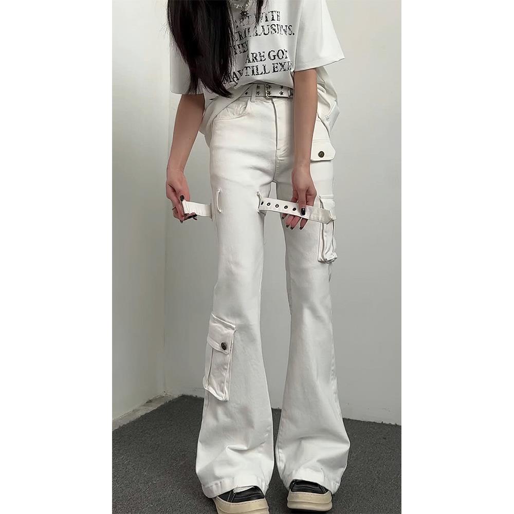 cleanfit白色绑带工装牛仔裤男款美式高街vibe裤子修身直筒微喇裤