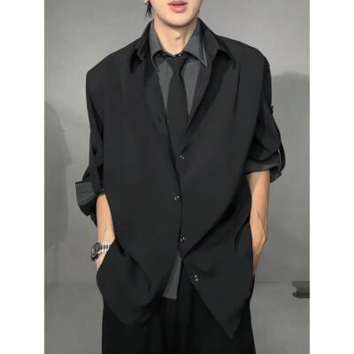 假两件拼接领带设计感衬衫男款早秋季高级感衬衣外套痞帅休闲西装