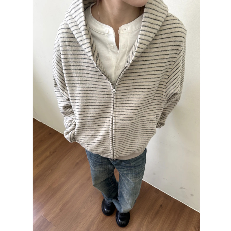 条纹绒感开衫连帽卫衣男女春秋季美式慵懒风宽松情侣boxy拉链外套