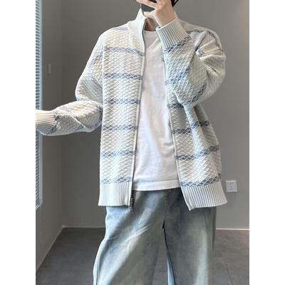 秋季新款韩系撞色条纹针织开衫男宽松慵懒风毛衣痞帅暗格外套上衣