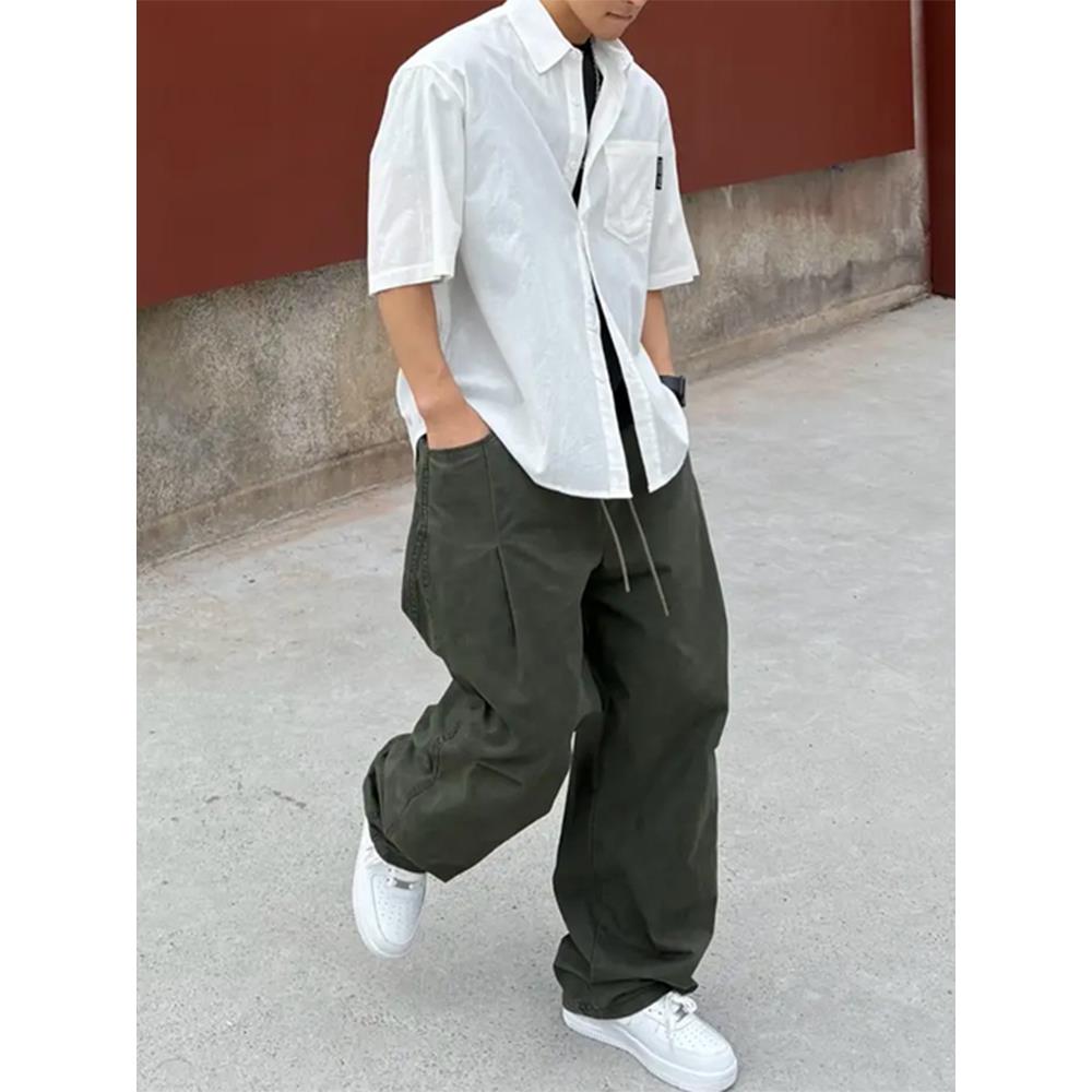 美式复古军绿色伐木工装裤男夏季薄款弯刀休闲裤oversize阔腿长裤