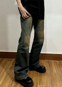 美式高街黄泥牛仔裤vibe风复古显瘦水洗直筒微喇叭cleanfit裤子男