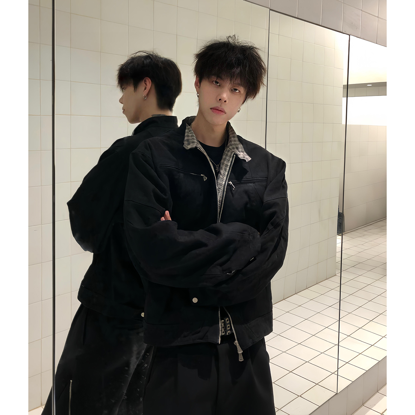 千鸟格拼接短款哈灵顿夹克男女秋季硬汉穿搭高级感立领工装外套男