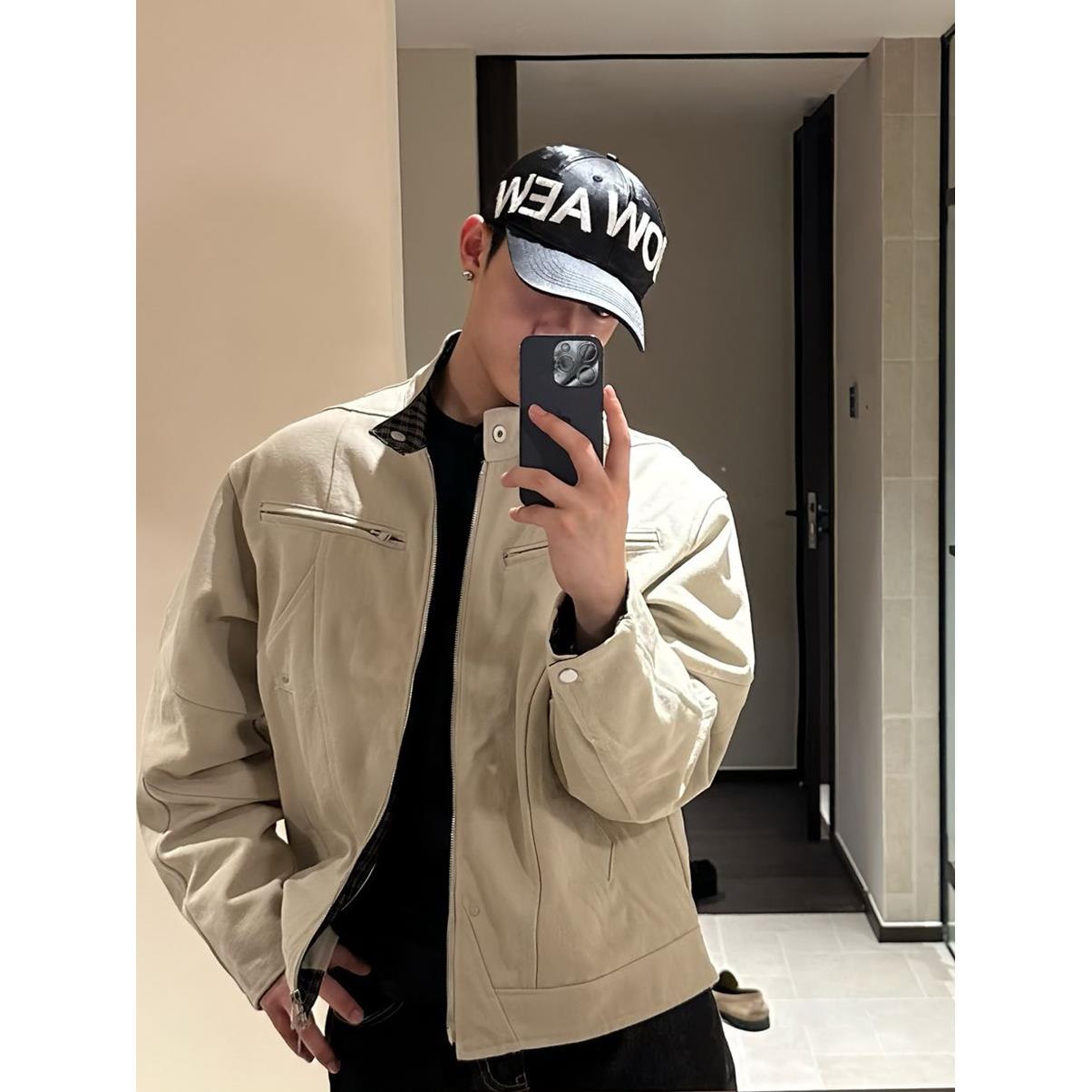 卡其色重磅短款工装外套男款秋季硬汉风立领棒球服哈灵顿夹克男生