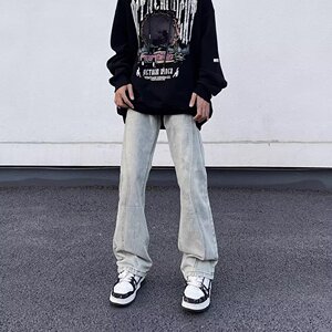 美式高街黄泥染牛仔裤男春秋新款直筒宽松水洗显瘦堆积休闲裤子男