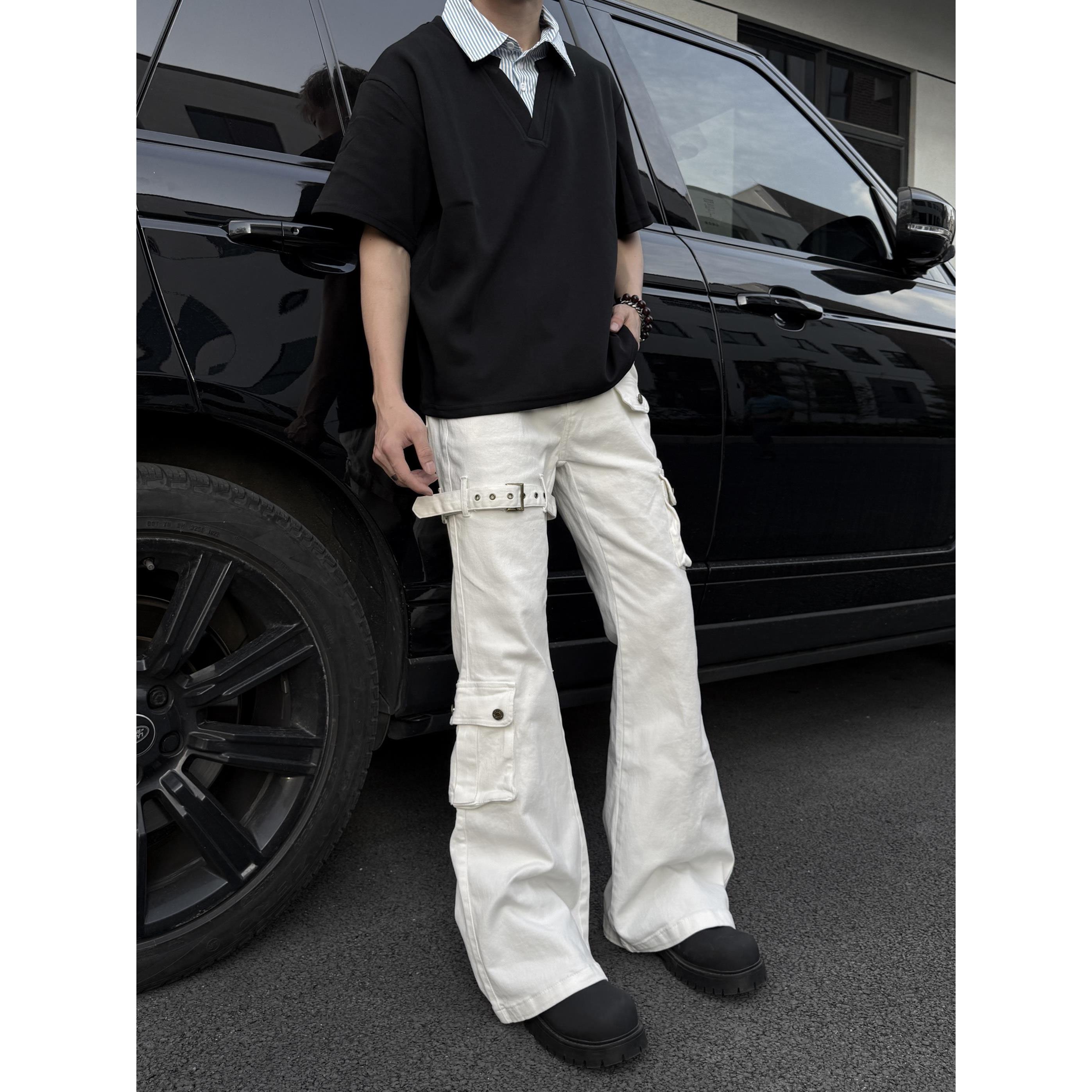 美式高街白色vibe绑带微喇工装牛仔裤男女生显瘦cleanfit喇叭裤子