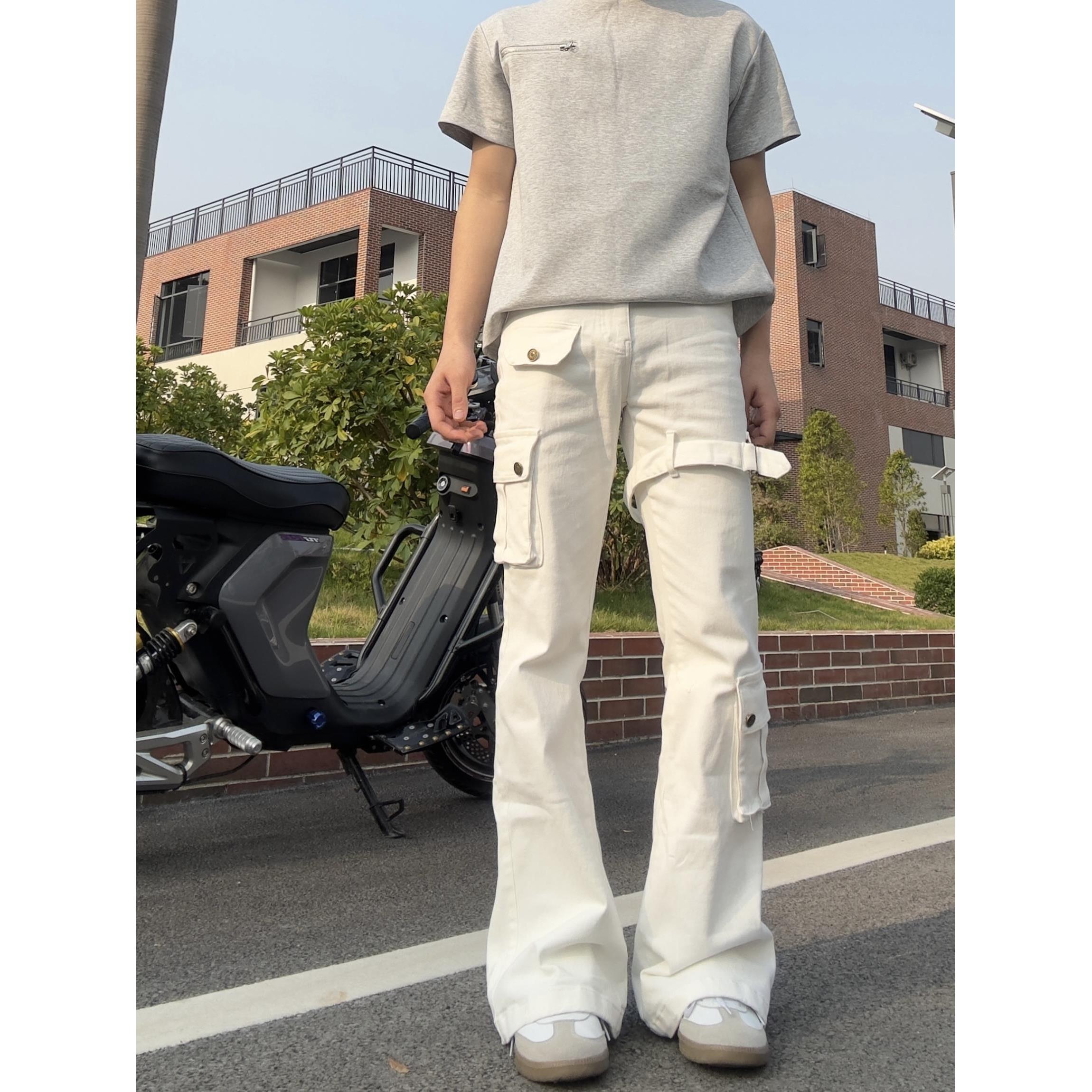 美式高街vibe白色绑带微喇工装牛仔男女cleanfit修身显高弹力长裤