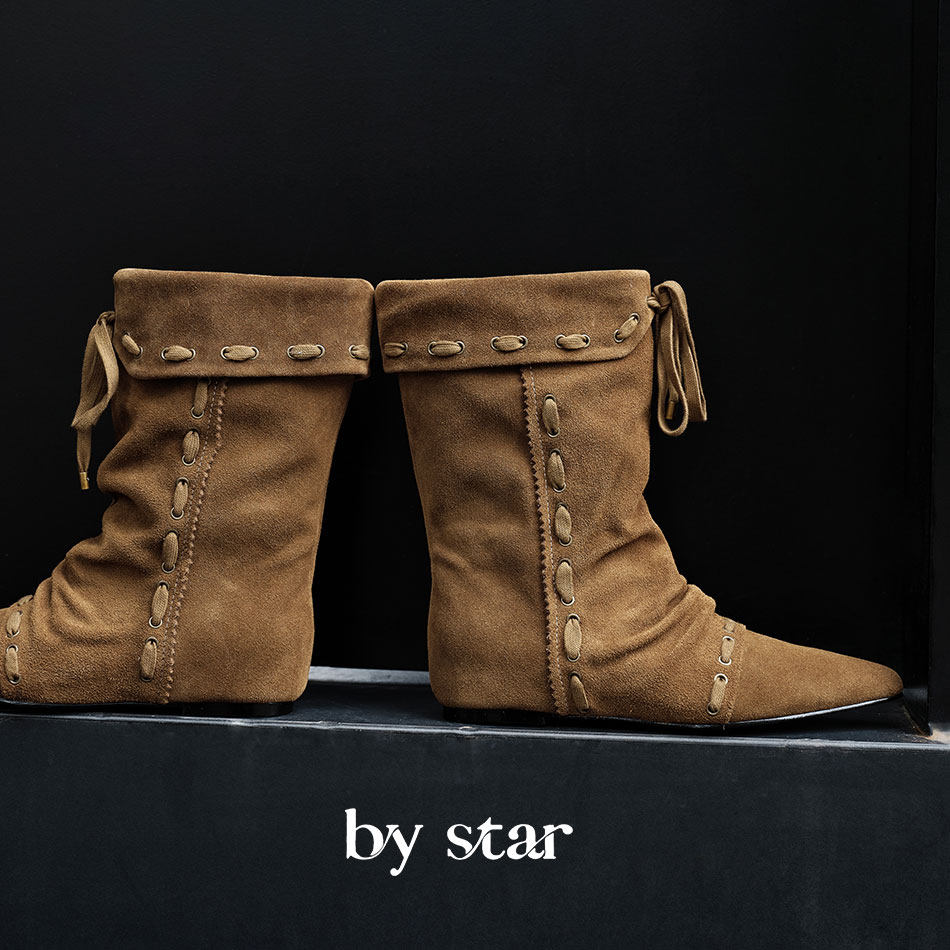 星叔手制·系带尖头及膝堆堆靴内增高高丝光牛反绒短中筒董洁同款,女鞋,时装靴,淘宝优惠券,粉丝福利购,淘宝优惠卷