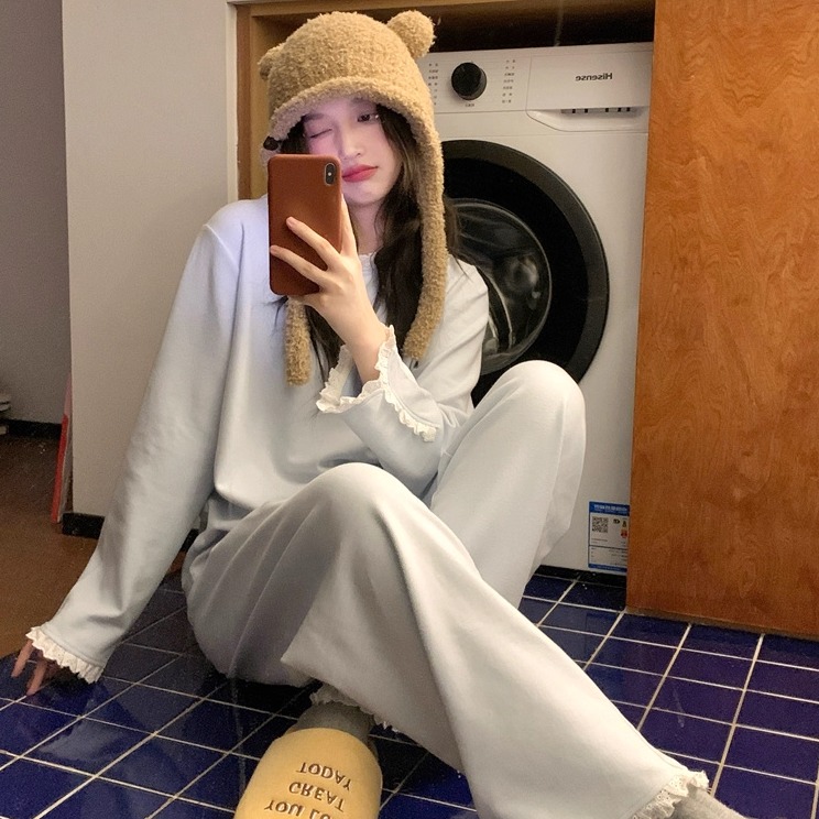 新款简约条纹冬季德绒家居服套装