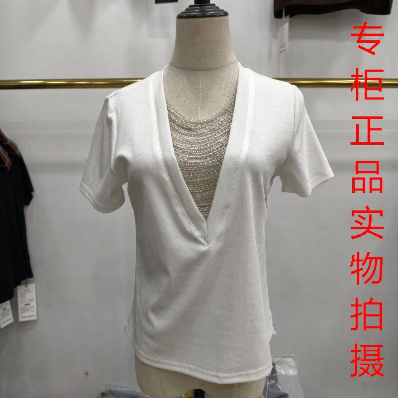 鸿潮服饰8208镶钻链条V领短袖T恤女白色百搭显瘦洋气上衣2026新款