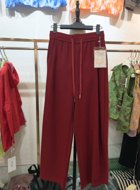 君健鸿飞9015高腰系带直筒裤女红色显瘦松紧腰垂感百搭休闲长裤