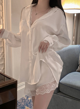 「MG」性感睡衣女纯欲风蕾丝男友风衬衫冰丝长袖睡裙家居服可外穿