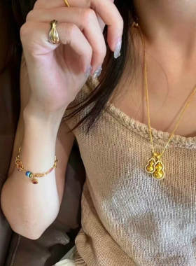 韦雪同款双葫芦项链镶钻福禄吊坠