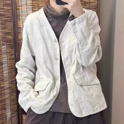 原创高品质100%亚麻外套女宽松显瘦百搭单排扣加里衬长袖开衫上衣