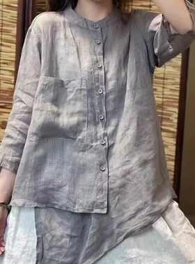 夏季高品100%苎麻七分袖衬衫女文艺气质立领宽松显瘦不规则上衣