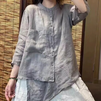 夏季高品100%苎麻七分袖衬衫女文艺气质立领宽松显瘦不规则上衣