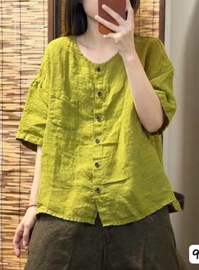 原创高品亚麻短袖衬衫女夏季休闲通勤百搭T恤气质显瘦上衣薄