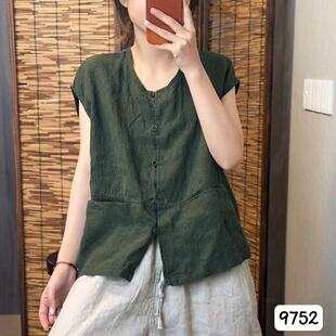 高品质复古亚麻短袖T恤女夏季纯色宽松显瘦圆领单排扣上衣薄