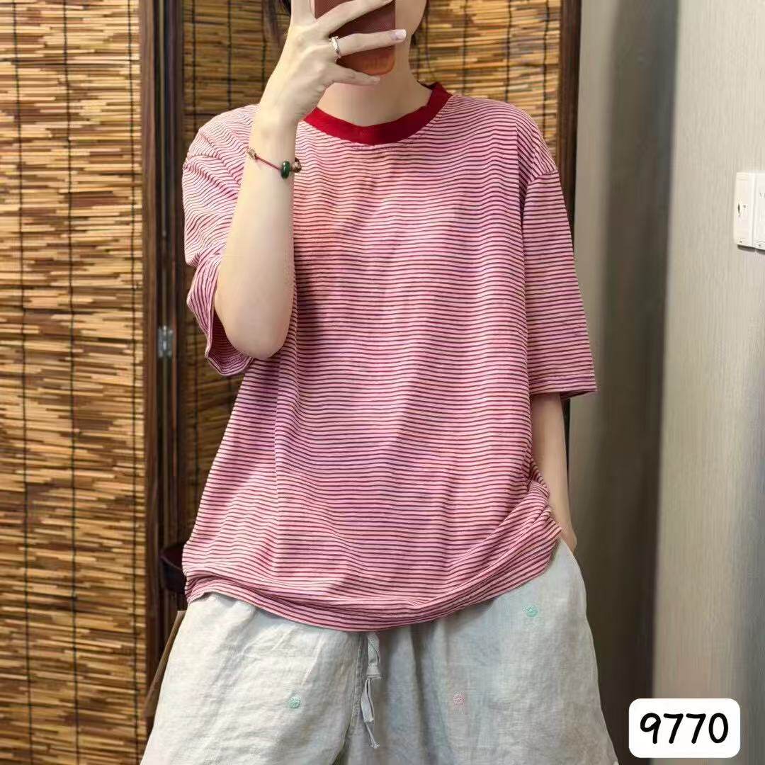 夏季新款休闲百搭纯棉短袖T恤女文艺范撞色圆领细条纹上衣套头衫